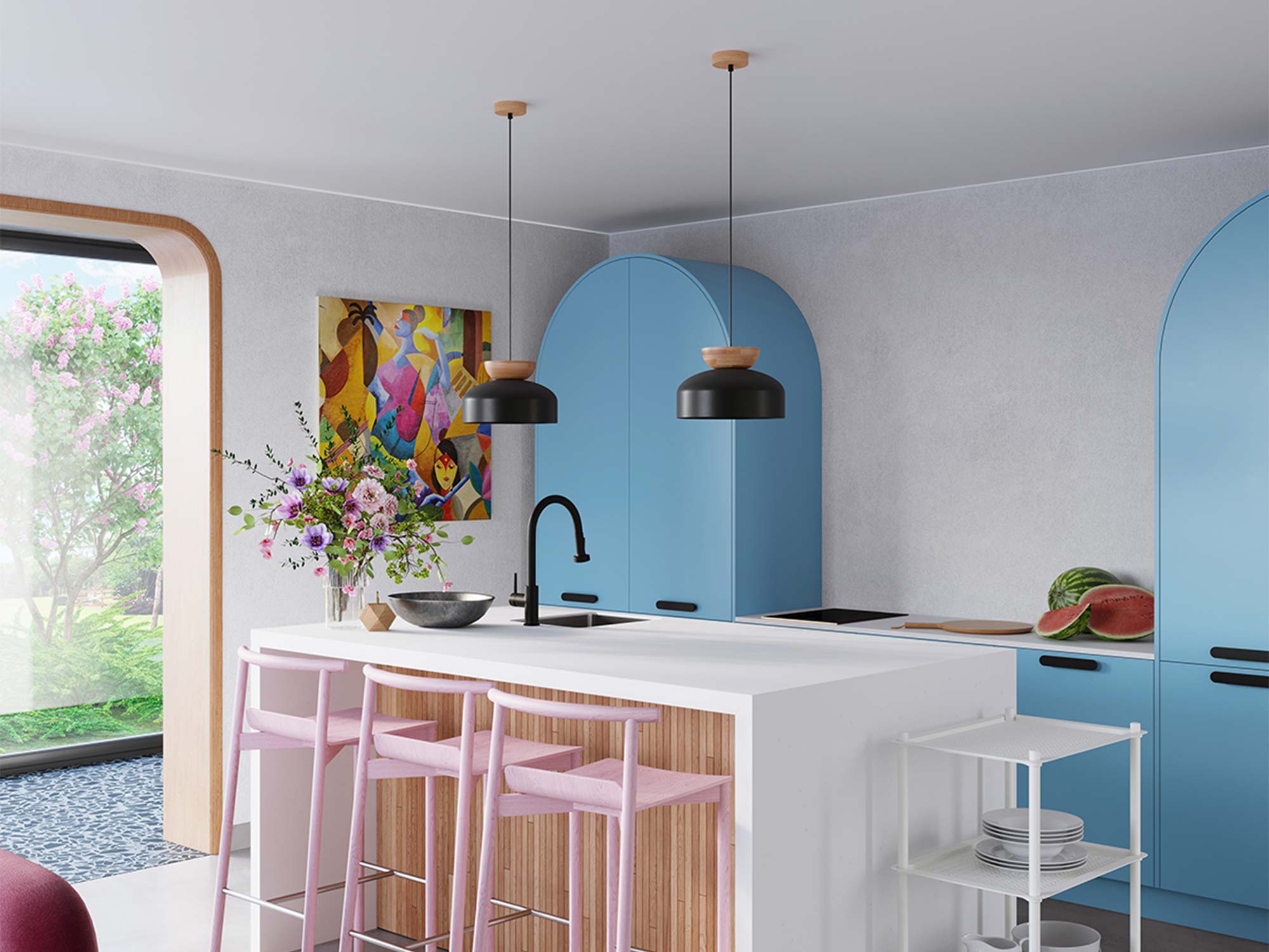 Lampa sufitowa czarno-drewniana w stylu skandynawskim nad wyspą kuchenną
