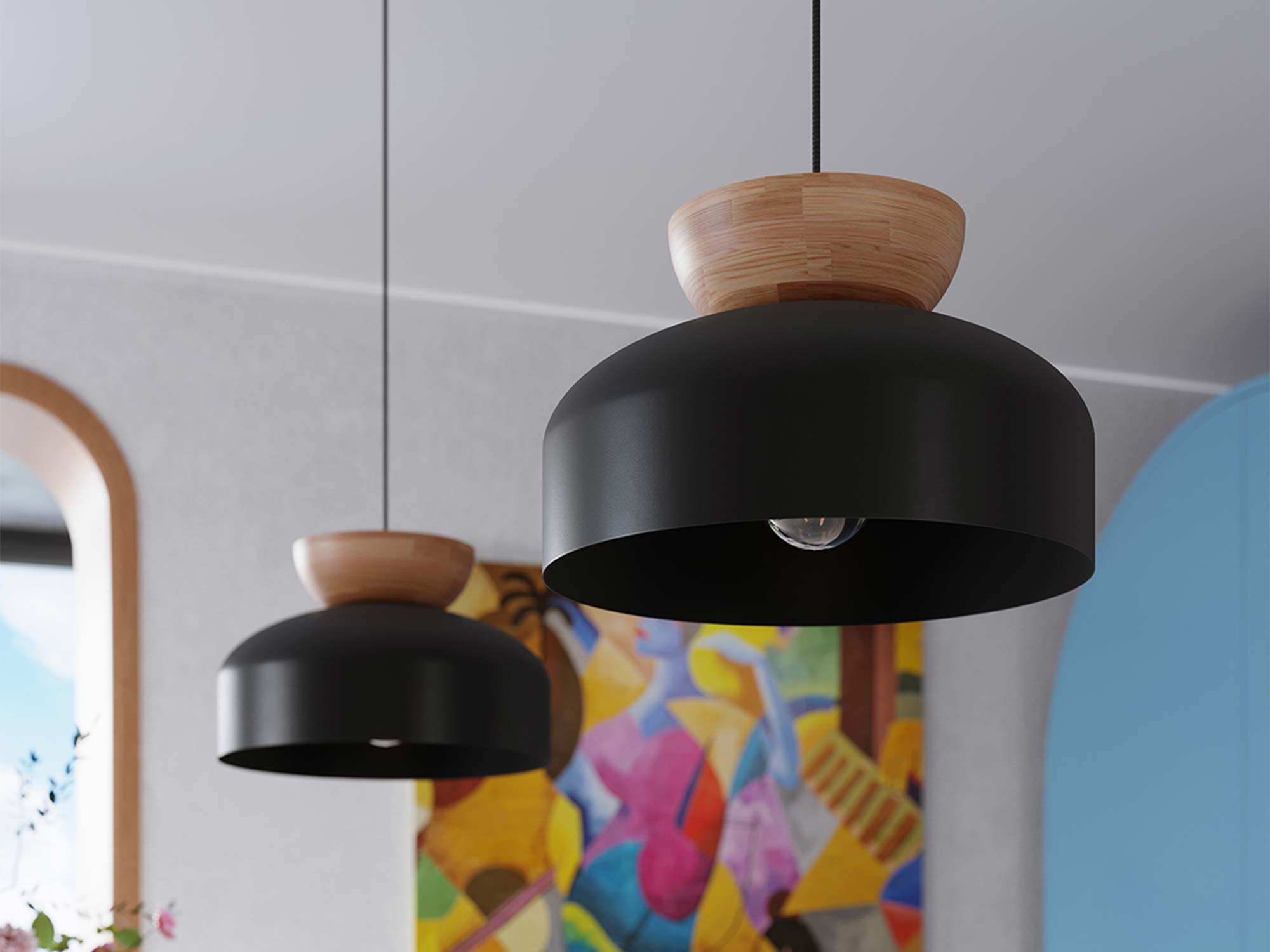 Detal lampy wiszącej z czarnym kloszem i naturalnym drewnem