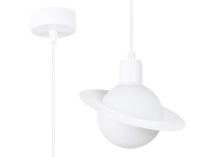 Miniaturka 1 - Biała lampa wisząca Saturn z kulistym kloszem i pierścieniem metalowym