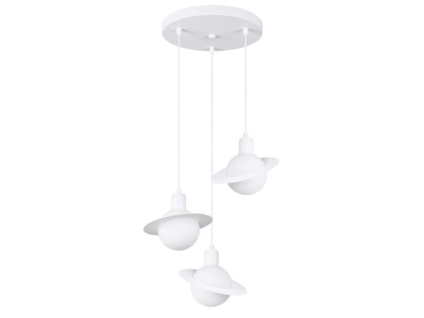 Potrójna lampa sufitowa Saturn biała z okrągłą podsufitką na białym tle