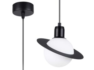 Miniaturka 2 - Lampa wisząca czarna z białym kulistym kloszem i metalowym pierścieniem