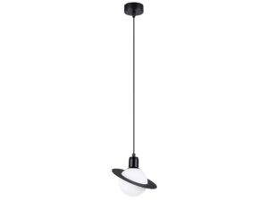 Miniaturka 1 - Czarna lampa wisząca Saturn z kulistym kloszem i pierścieniem metalowym