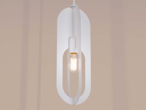 Miniaturka 5 - Lampa wisząca biała z owalnym kloszem ażurowym ze świecącą żarówką zbliżenie