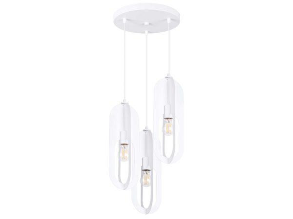 Lampa sufitowa potrójna biała z metalowymi obręczami i żarówkami