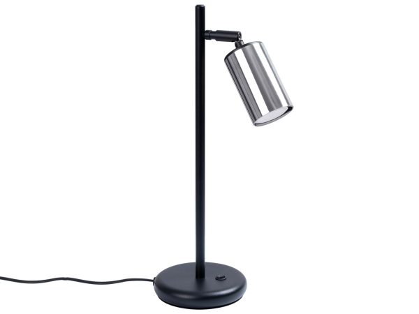 Lampa biurkowa z chromowanym kloszem i czarną metalową podstawą