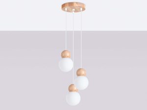 Miniaturka 2 - Elegancka lampa sufitowa z trzema szklanymi kulami i drewnem