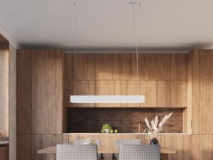 Miniaturka 15 - Lampa wisząca liniowa LED biała w aranżacji kuchni z drewnem