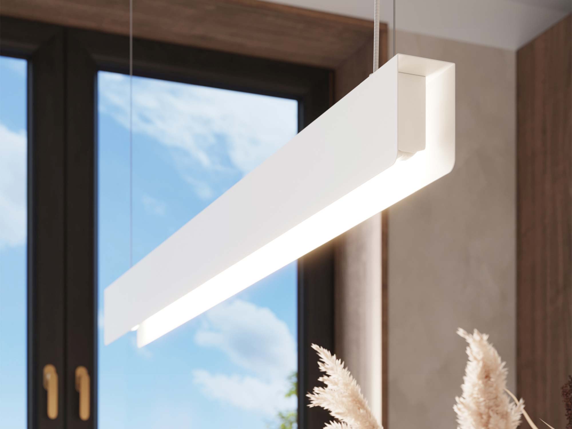 Lampa wisząca liniowa LED biała w aranżacji jadalni zbliżenie
