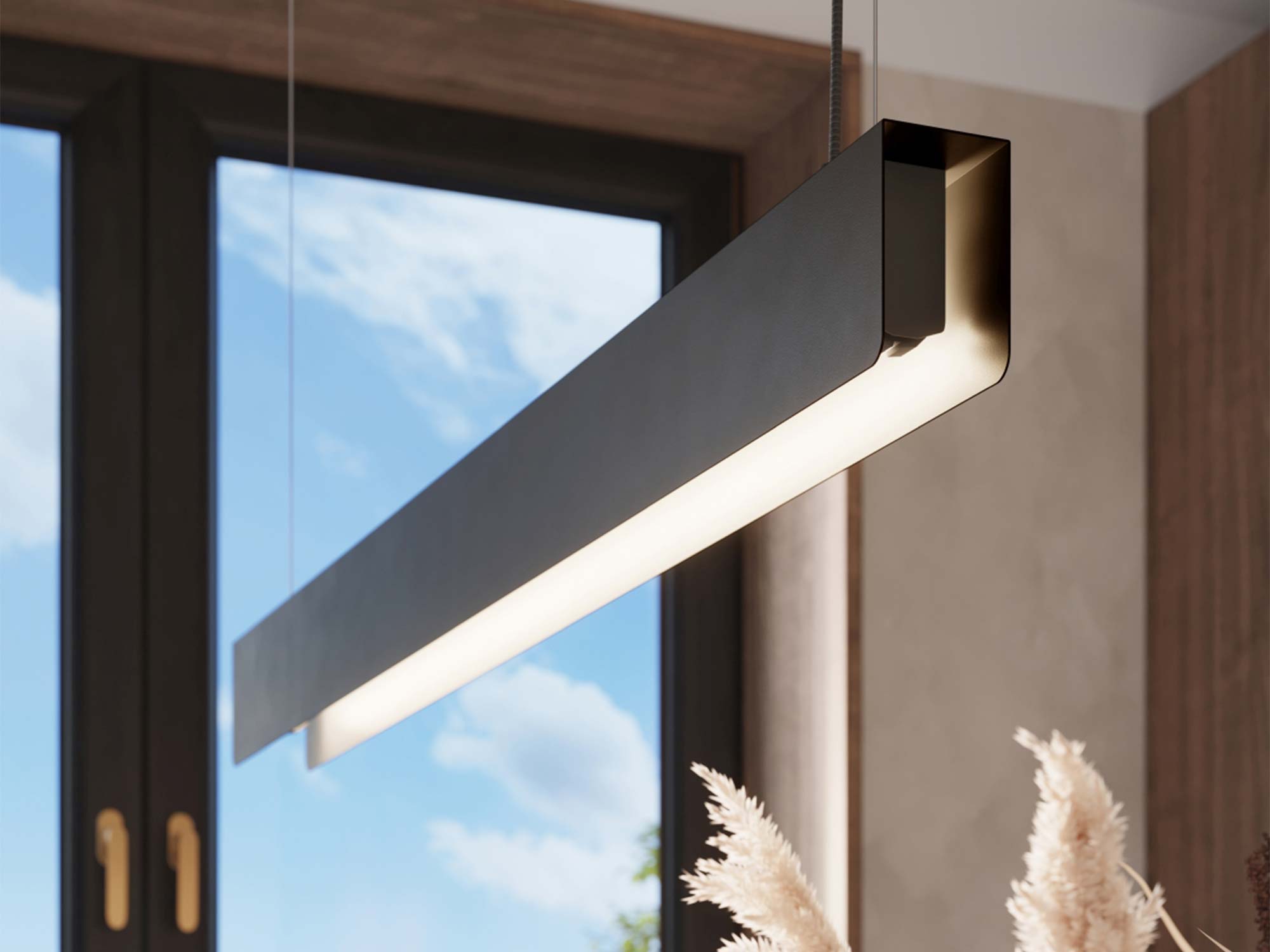 Lampa wisząca liniowa LED czarna w aranżacji jadalni zbliżenie