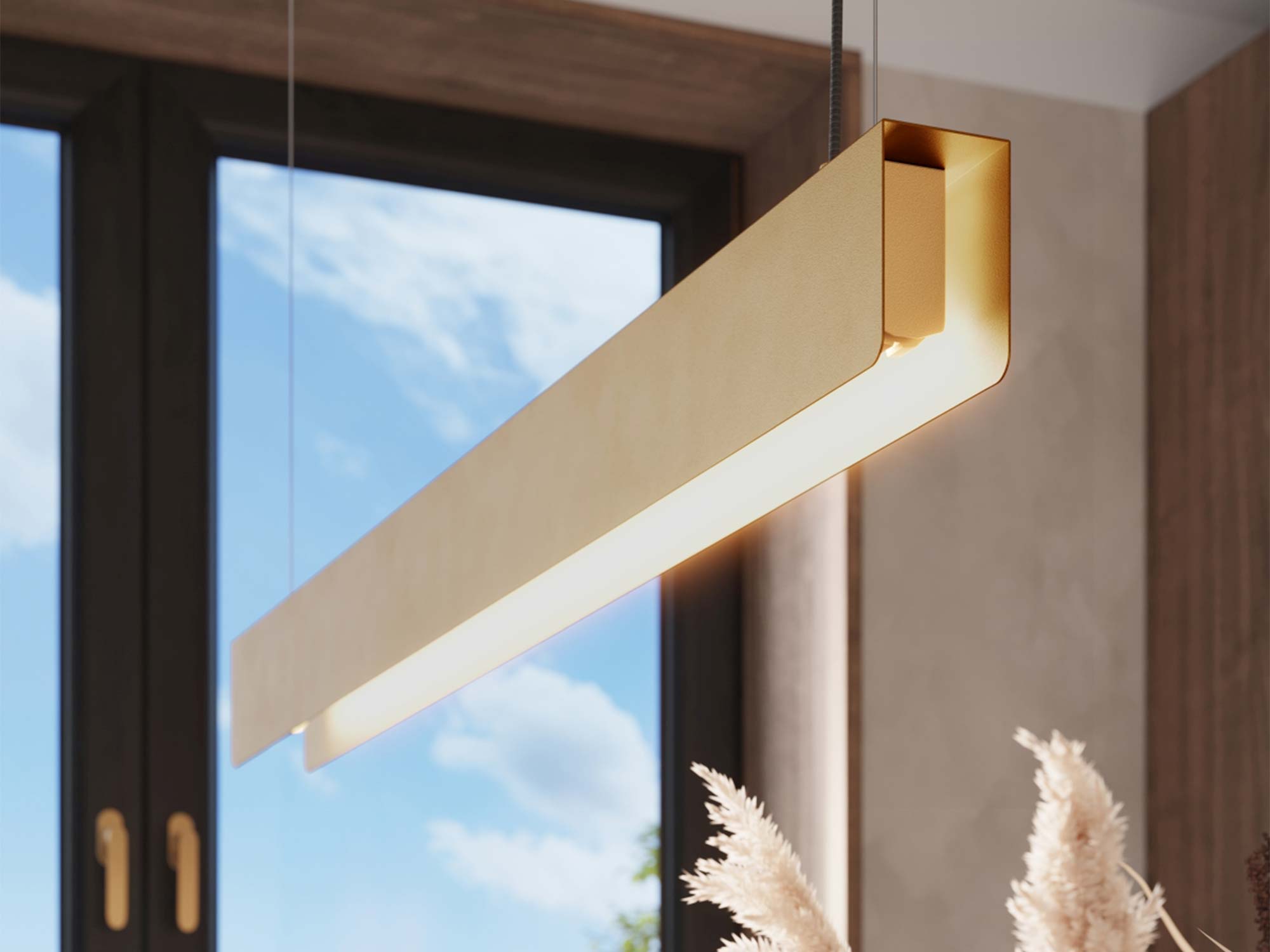 Lampa wisząca liniowa LED musztardowa w aranżacji jadalni zbliżenie