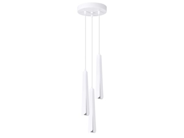 Lampa wisząca trójpunktowa biała z trzema płaskimi kaskadowymi kloszami na białym tle