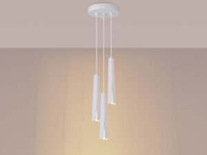 Miniaturka 3 - Lampa wisząca trójpunktowa biała z płaskimi kloszami świecąca ciepłym światłem