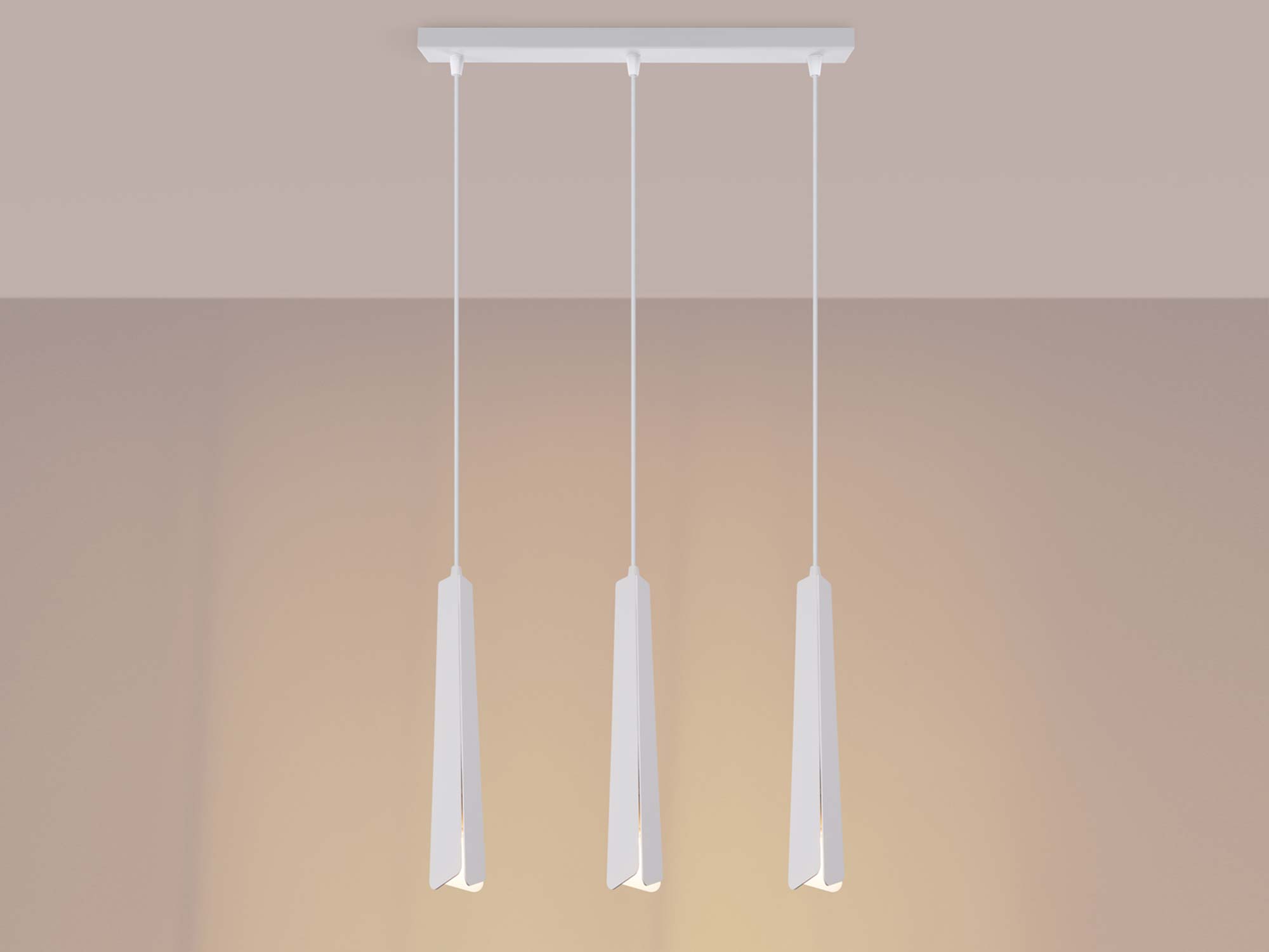 Lampa wisząca trójpunktowa biała z płaskimi kloszami świecąca ciepłym światłem
