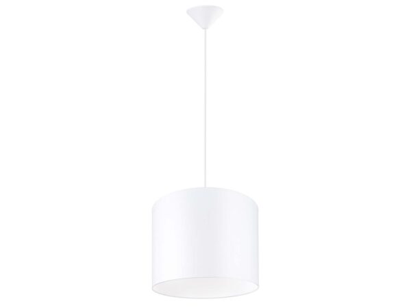 Lampa wisząca z białym cylindrycznym abażurem na białym tle