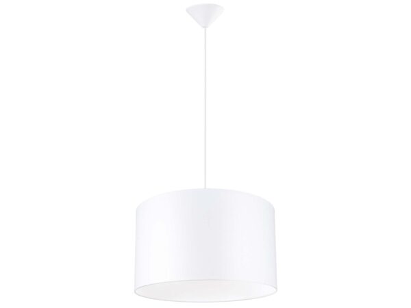 Lampa wisząca z białym cylindrycznym abażurem na białym tle