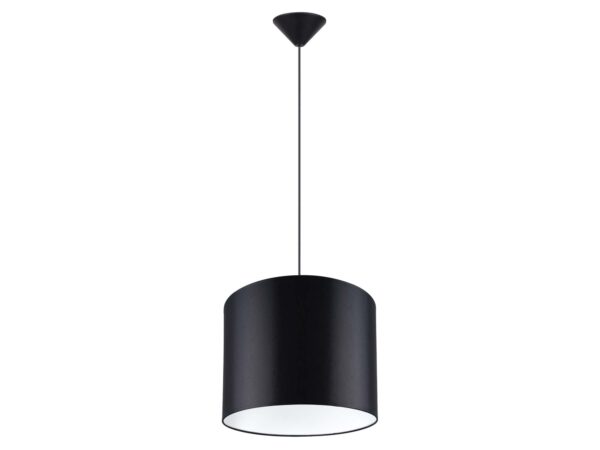 Lampa wisząca z czarnym cylindrycznym abażurem na białym tle