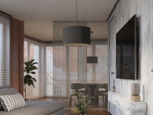 Miniaturka 8 - Lampa wisząca z czarnym abażurem 40cm w aranżacji salonu z sofą