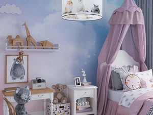 Miniaturka 9 - Biała lampa wisząca z motywem kotów w pastelowym wnętrzu