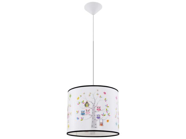 Lampa wisząca z abażurem z motywem sówek na drzewie na białym tle