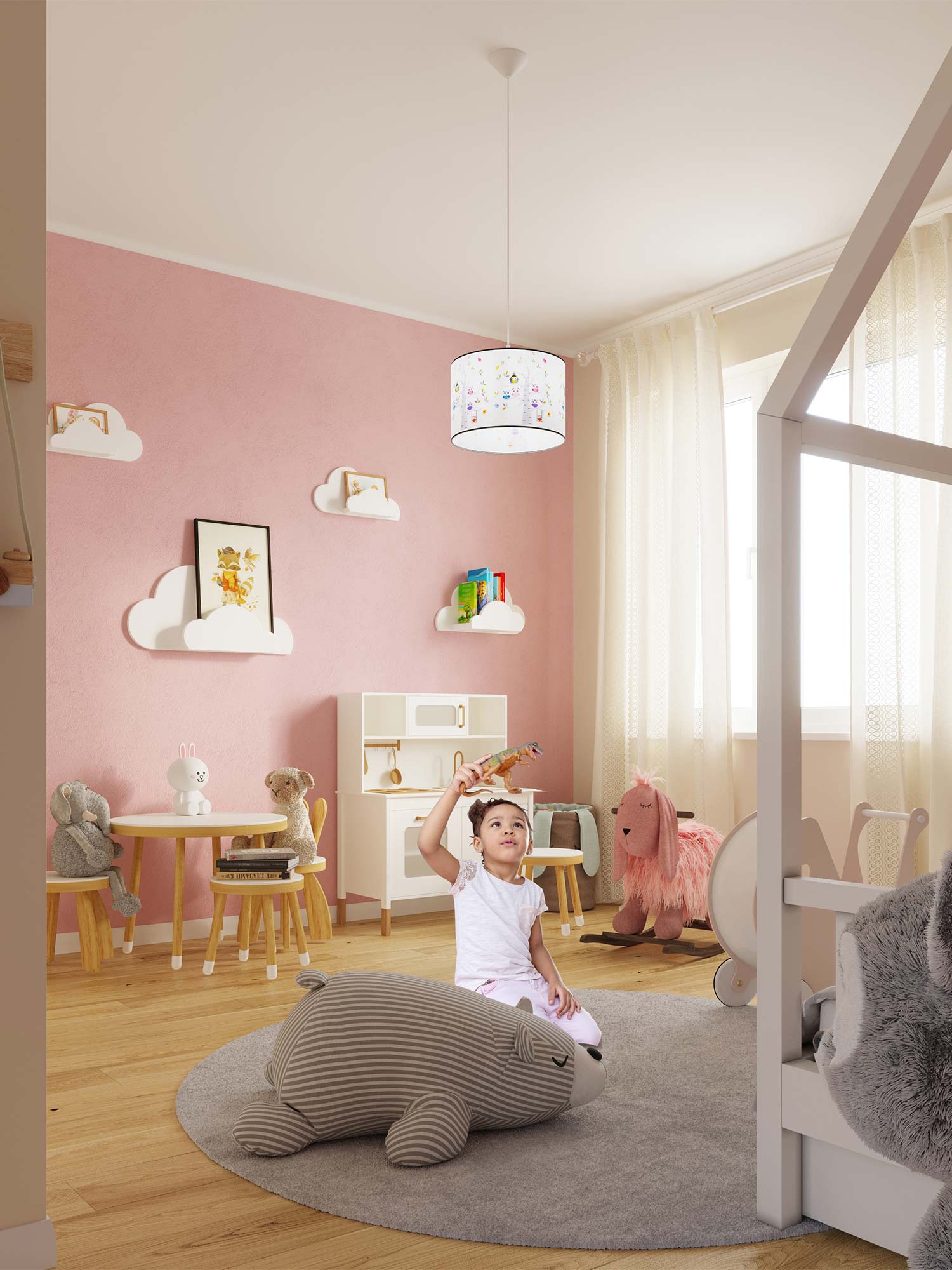 Lampa z sówkami w różowym pokoju dziecięcym z zabawkami