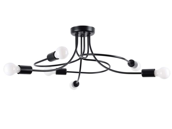 Czarna lampa sufitowa metalowa z siedmioma żarówkami i wygiętymi ramionami