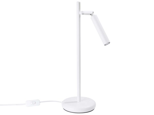 Biała lampa biurkowa LED z regulowanym kloszem i okrągłą podstawą