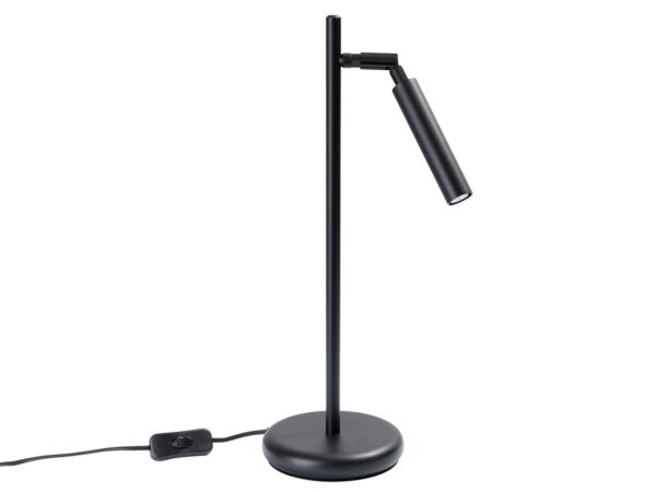 Czarna lampa biurkowa LED z regulowanym kloszem i okrągłą podstawą