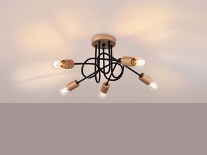 Miniaturka 2 - Pięciopunktowa lampa sufitowa z bukową podstawą świecąca ciepłym światłem