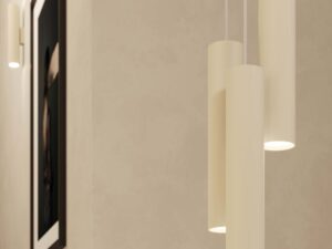 Miniaturka 11 - Kremowe lampy wiszące z cylindrycznymi kloszami świecące ciepłym światłem w aranżacji