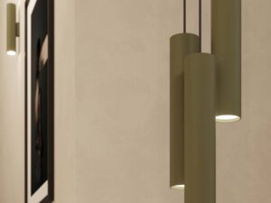 Miniaturka 11 - Trzy lampy cylindryczne oliwkowe zawieszone na różnych wysokościach