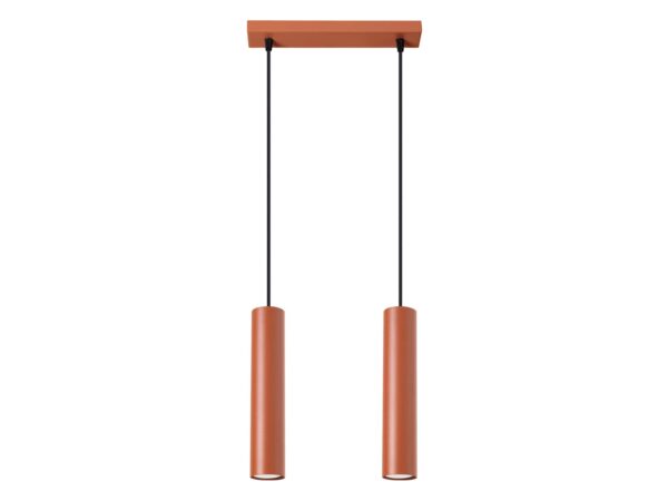 Lampa wisząca dwupunktowa ceglasta z dwoma cylindrycznymi kloszami na białym tle