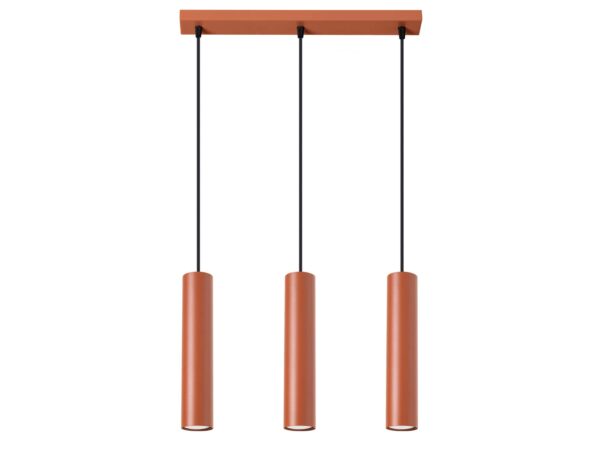 Lampa wisząca trójpunktowa ceglasta z trzema cylindrycznymi kloszami na białym tle