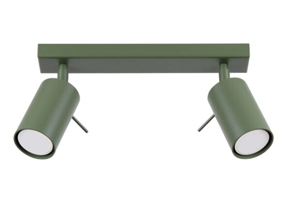 Plafon sufitowy dwupunktowy oliwkowy z cylindrycznymi reflektorami na białym tle