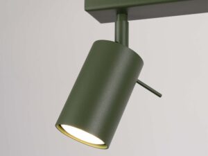 Miniaturka 5 - Detal oliwkowego cylindrycznego reflektora plafonu świecącego ciepłym światłem