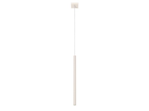 Lampa wisząca jednopunktowa kremowa z długim cylindrycznym kloszem na białym tle