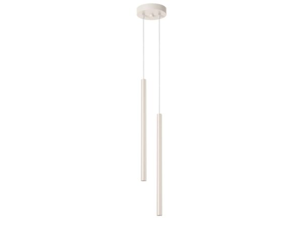 Lampa wisząca dwupunktowa kremowa z dwoma długimi cylindrycznymi kloszami na białym tle