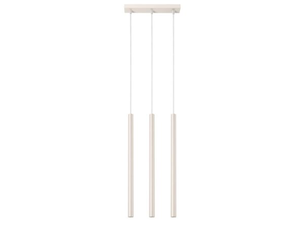 Lampa wisząca trójpunktowa kremowa z trzema długimi cylindrycznymi kloszami na białym tle