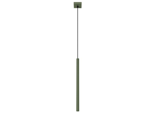 Lampa wisząca jednopunktowa zielona z cylindryczną tubą na białym tle