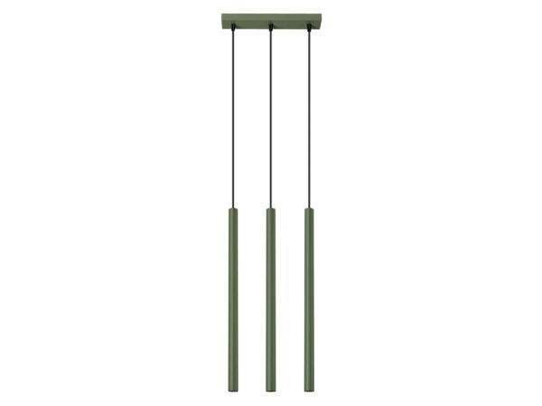 Zielona lampa wisząca trójpunktowa z cylindrycznymi tubami na szarym tle