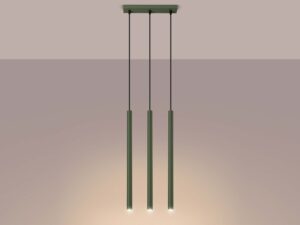 Miniaturka 3 - Detal cylindrycznej tuby zielonej lampy wiszącej trójpunktowej zbliżenie