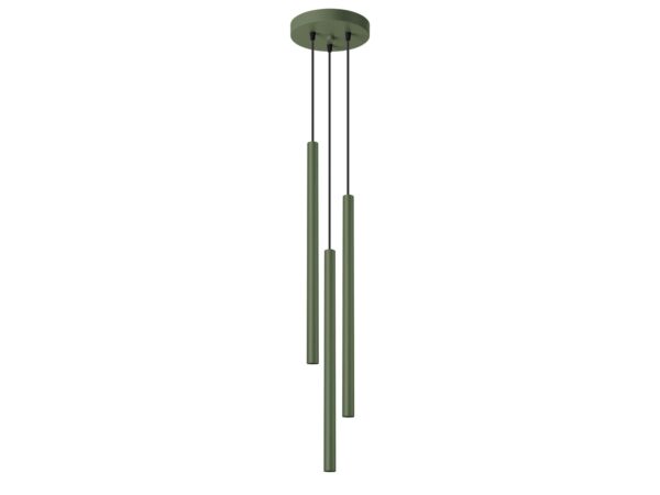 Lampa wisząca trójpunktowa zielona z cylindrycznymi tubami na białym tle