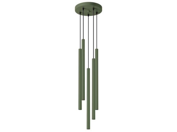 Lampa wisząca pięciopunktowa zielona z cylindrycznymi tubami na białym tle