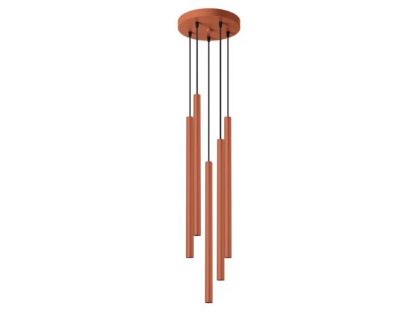 Lampa wisząca pięciopunktowa ceglasta z cylindrycznymi tubami zbliżenie