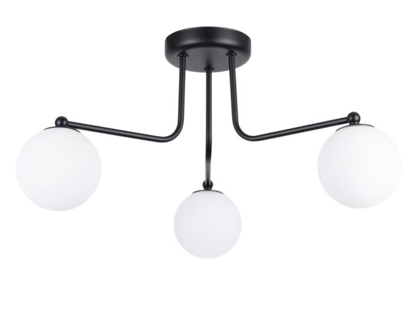Lampa sufitowa trójramienna czarna z białymi kulistymi kloszami