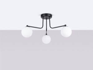 Miniaturka 1 - Czarna lampa sufitowa trójramienna z białymi kulami na szarym tle