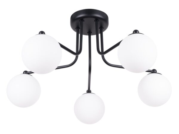 Lampa sufitowa pięcioramienna czarna z białymi kulistymi kloszami