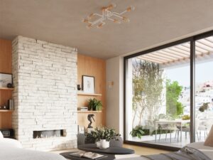 Miniaturka 10 - Lampa sufitowa ośmioramienna w aranżacji salonu z kominkiem