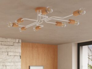 Miniaturka 11 - Ośmioramienna lampa sufitowa z drewnianymi oprawkami w aranżacji salonu zbliżenie