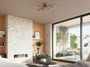 Miniaturka 9 - Lampa sufitowa z drewnianymi oprawkami w aranżacji salonu z kominkiem