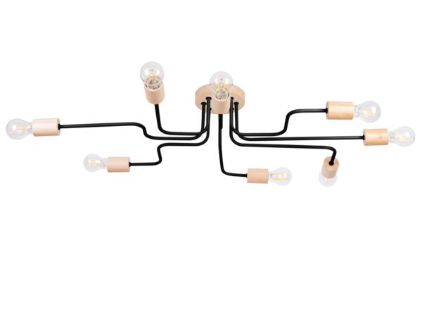 Lampa sufitowa ośmioramienna z drewnianymi oprawkami i metalowymi ramionami